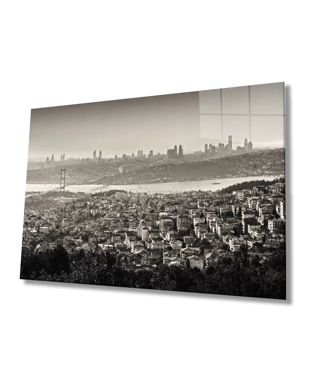 Black and White Glass Painting with a Bird's Eye View of Istanbul