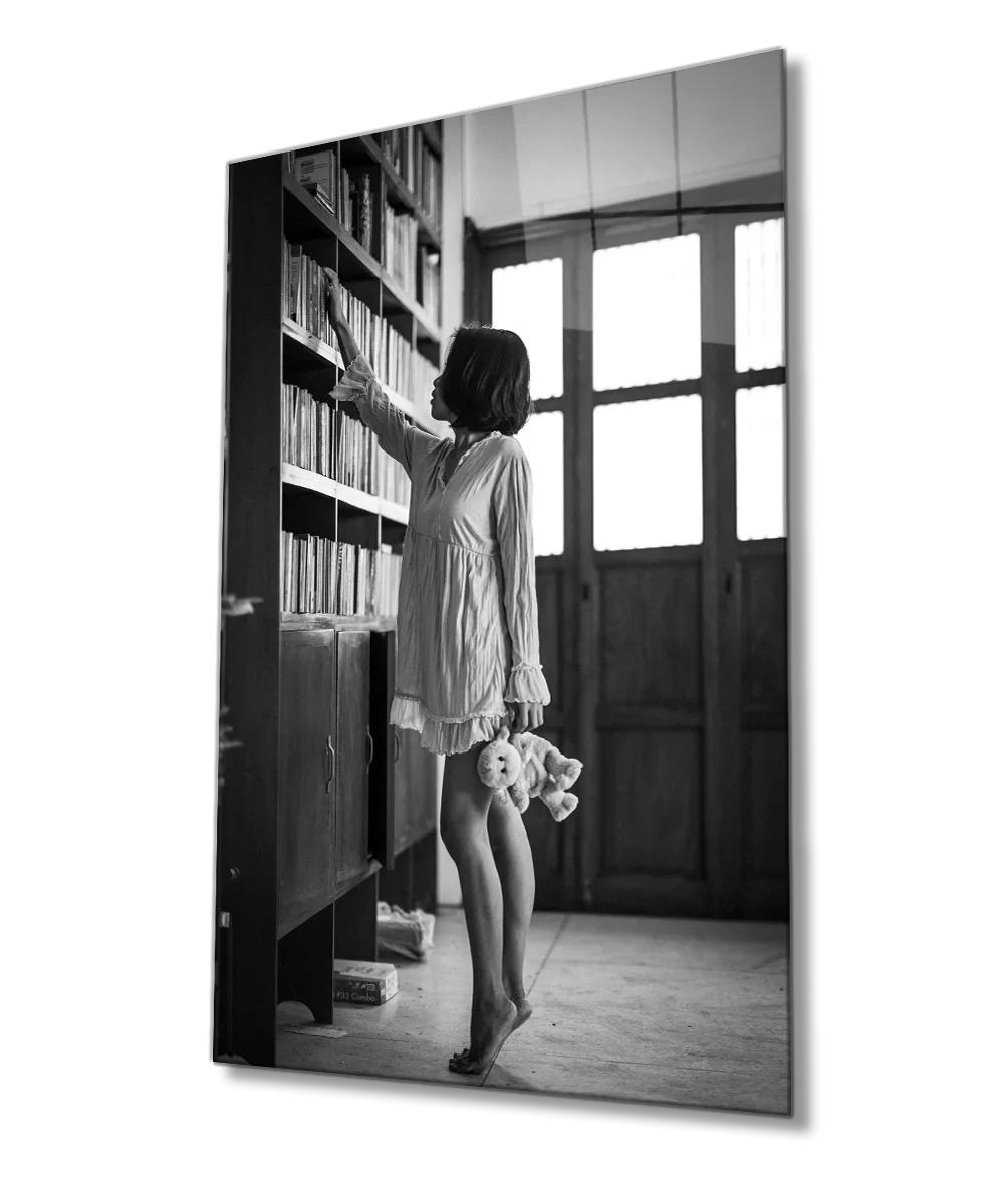 Black and White Woman in the Library Glass Painting