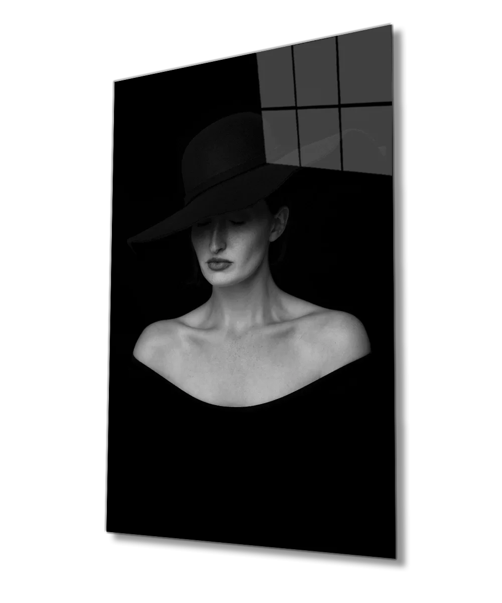 Woman with Black and White Hat Glass Painting