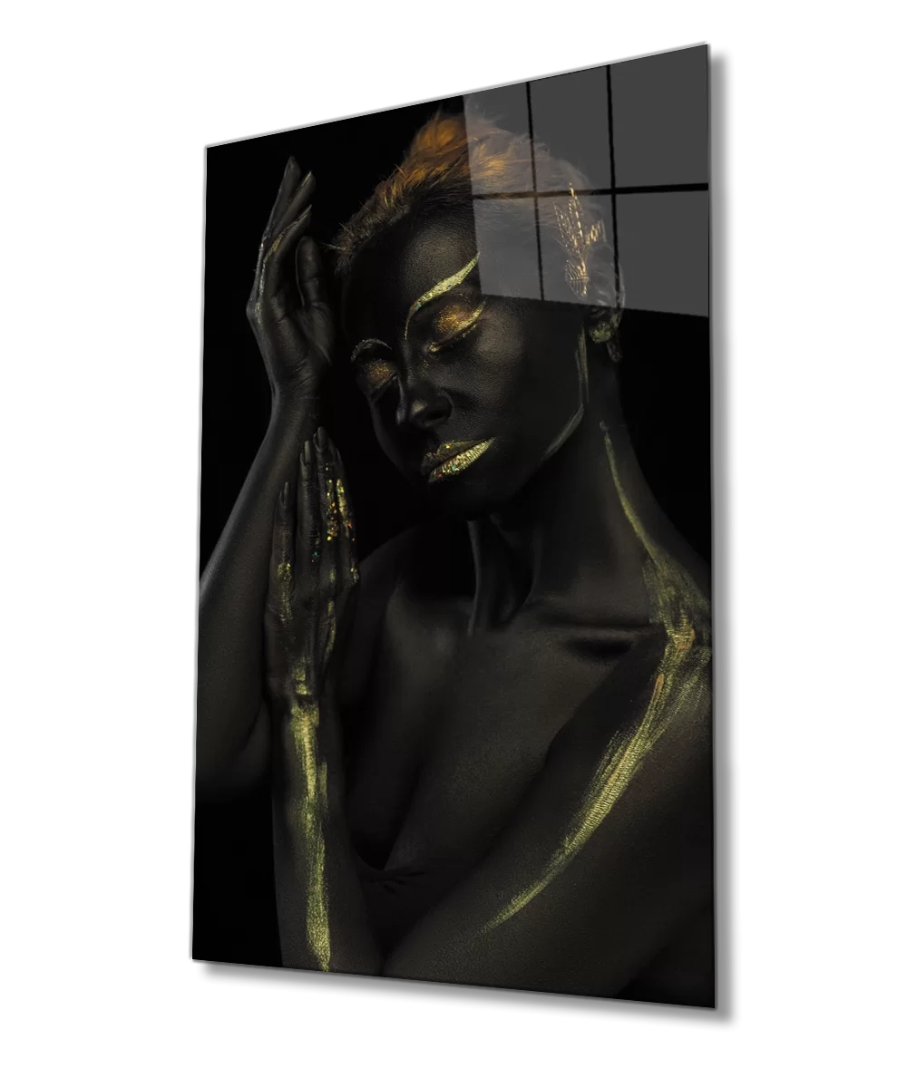 Woman with Black Gold Lines Glass Painting