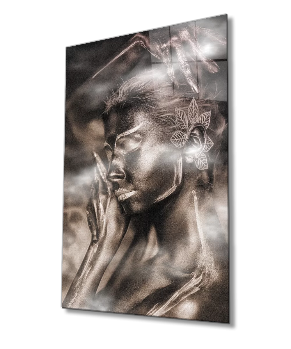 Black Gold Line Woman Smoky Glass Painting