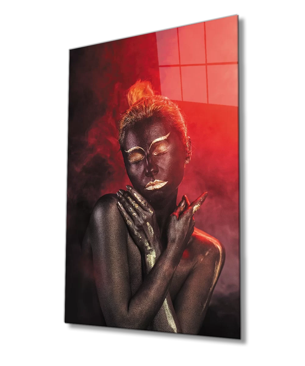 Black Gold Line Woman Red Smoky Glass Painting