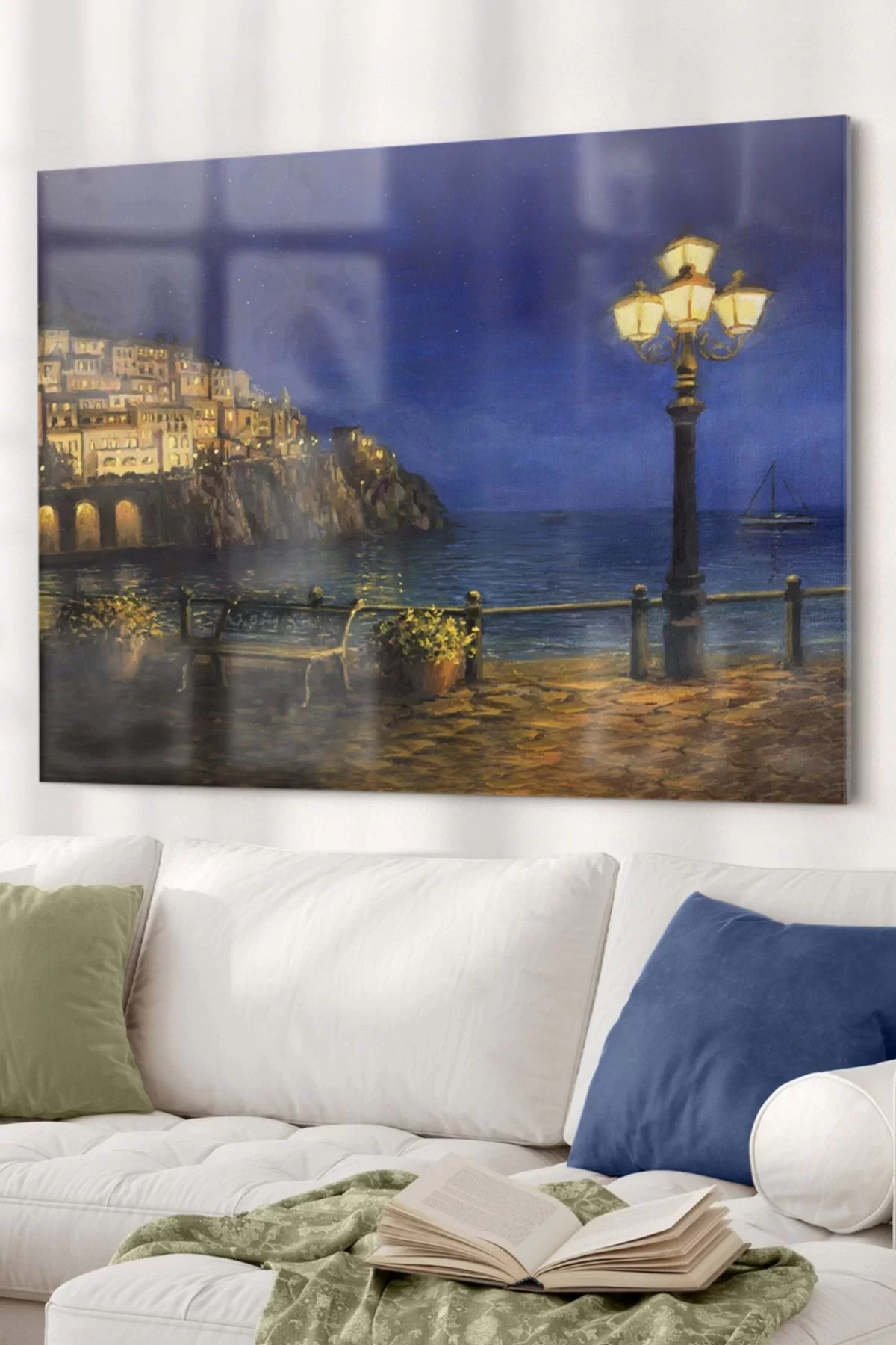 Street Lamp And Sea Themed | Landscape Themed Glass Painting | 50x70cm