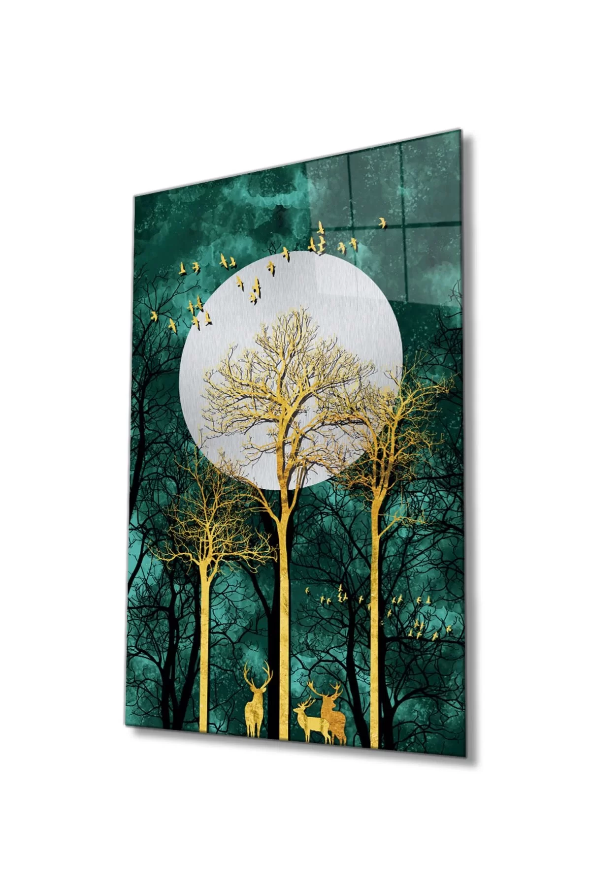 Abstract Golden Deer Tree Glass Painting, Home And Office Wall Decoration