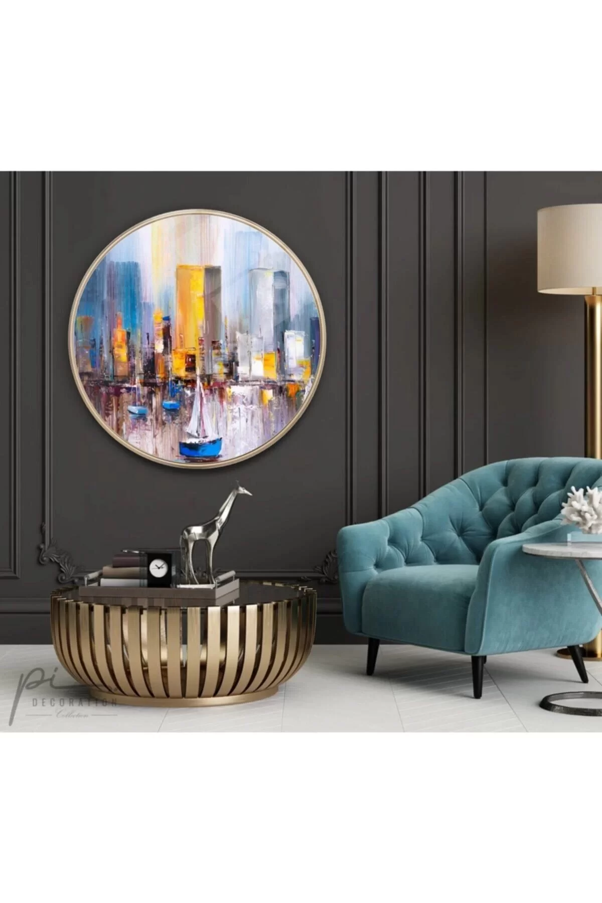 Abstract City Round Glass Painting