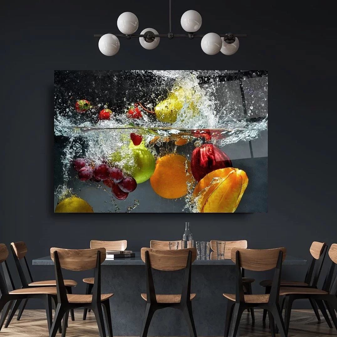 Glass Table of Fruits and Vegetables Falling into Water