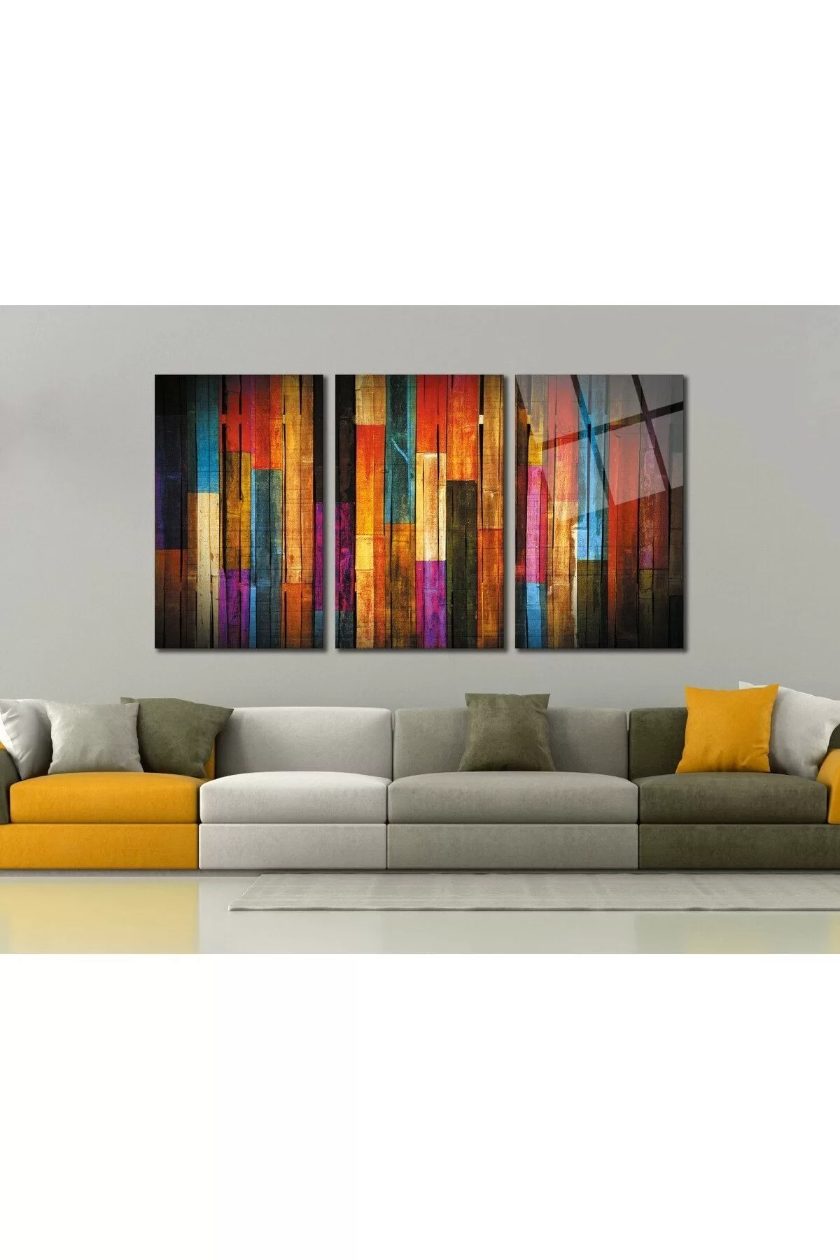 Wooden Abstract Colored 3-Piece Combination Glass Painting