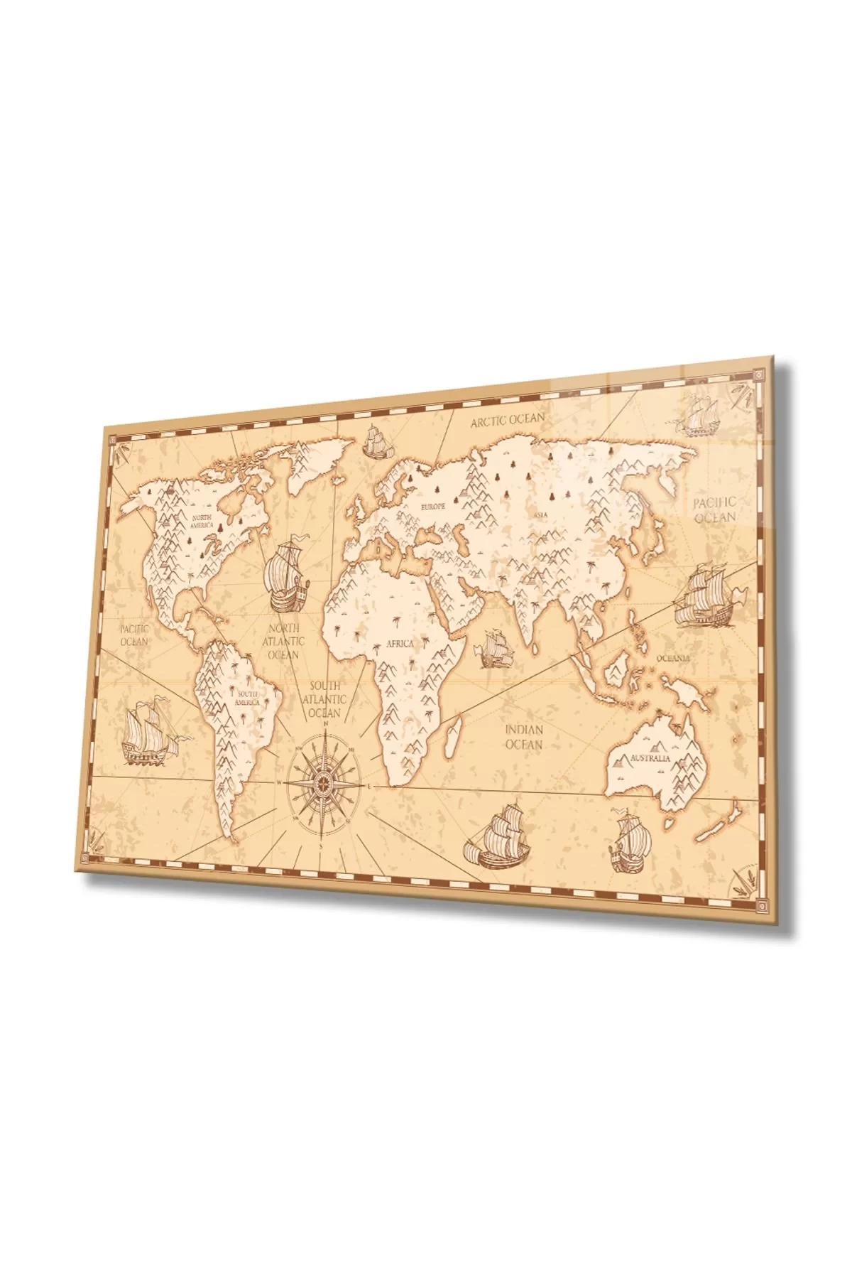 Historical World Map Glass Painting, Home And Office Wall Decoration,