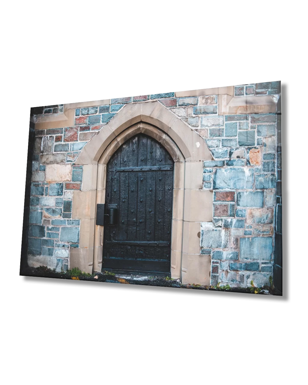 Stone Walls and Arched Door Black Door Glass Painting