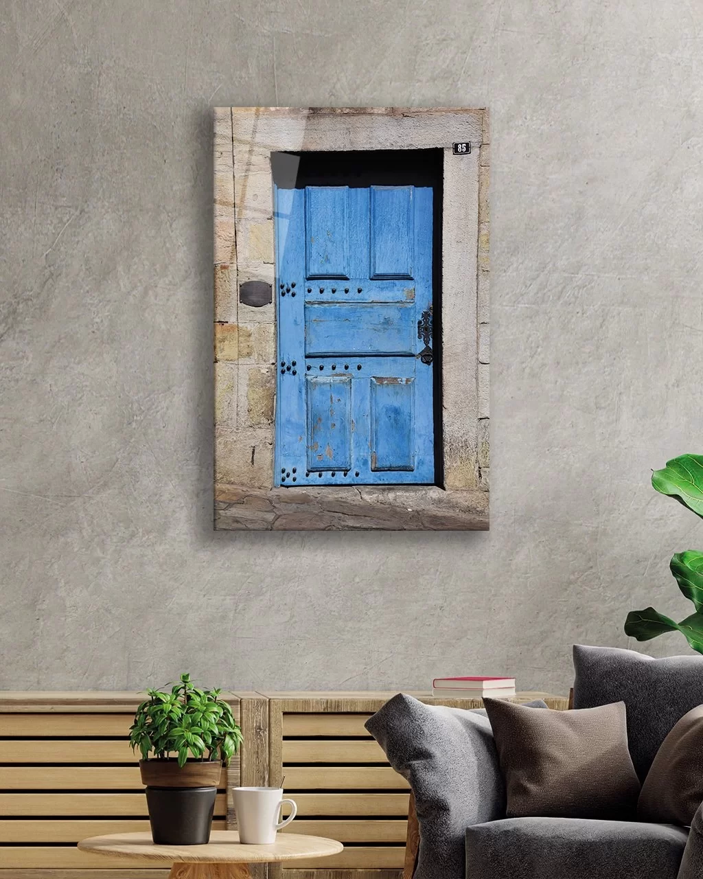 Vertical Glass Painting with Stone Walls and Blue Wooden Door