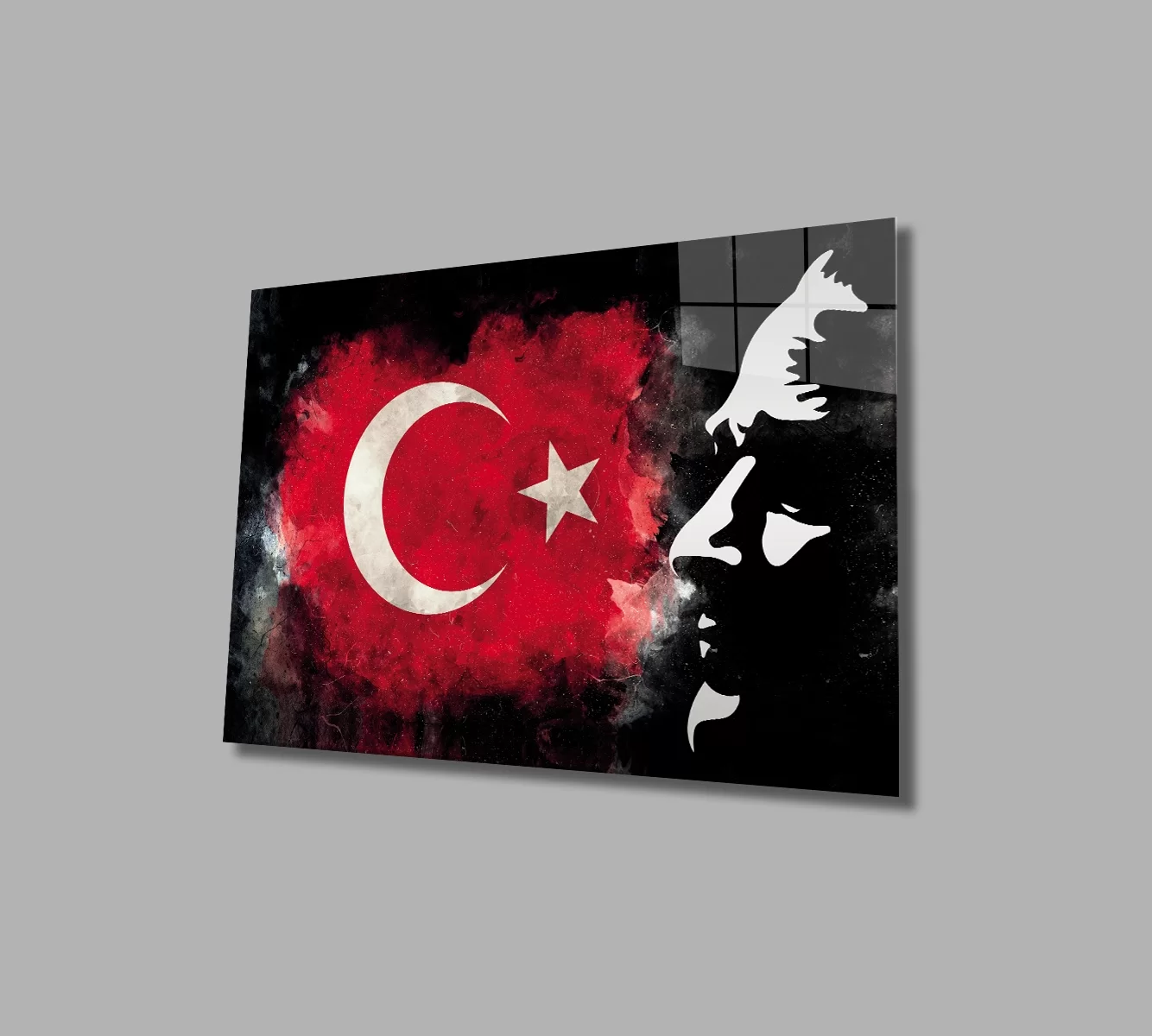 TEKNOO- Atatürk Flag Glass Painting with Atatürk Silhouette and Shaded Black Background