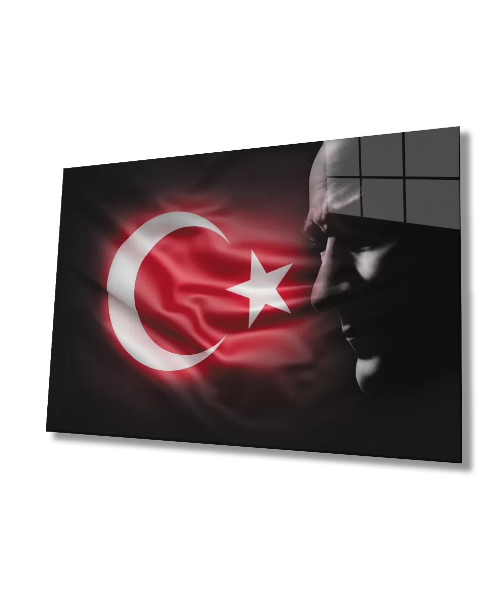 TEKNOO- Atatürk Flag Glass Painting with Atatürk Silhouette and Shadowless Black Background