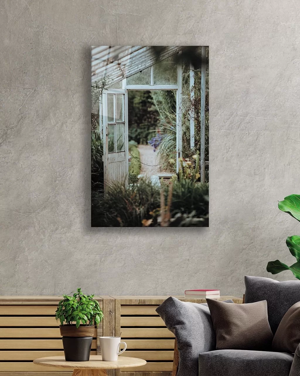 TEKNOO- Vertical Glass Painting with White Wooden Door and Garden Image