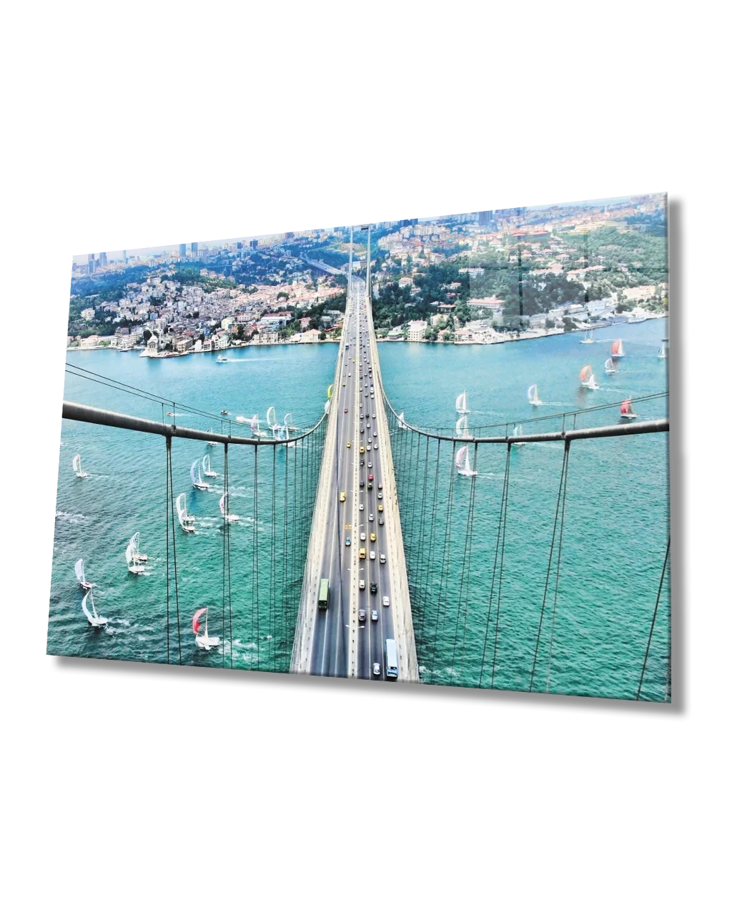 TEKNOO- Istanbul Glass Painting with Bosphorus Bridge and sailboats view