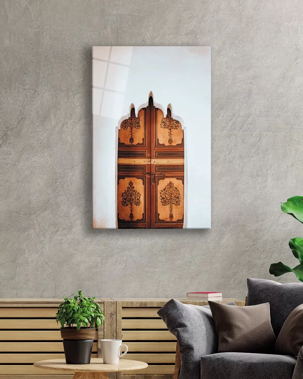 TEKNOO- Vertical Glass Painting with Flower Patterned Wooden Door Visual