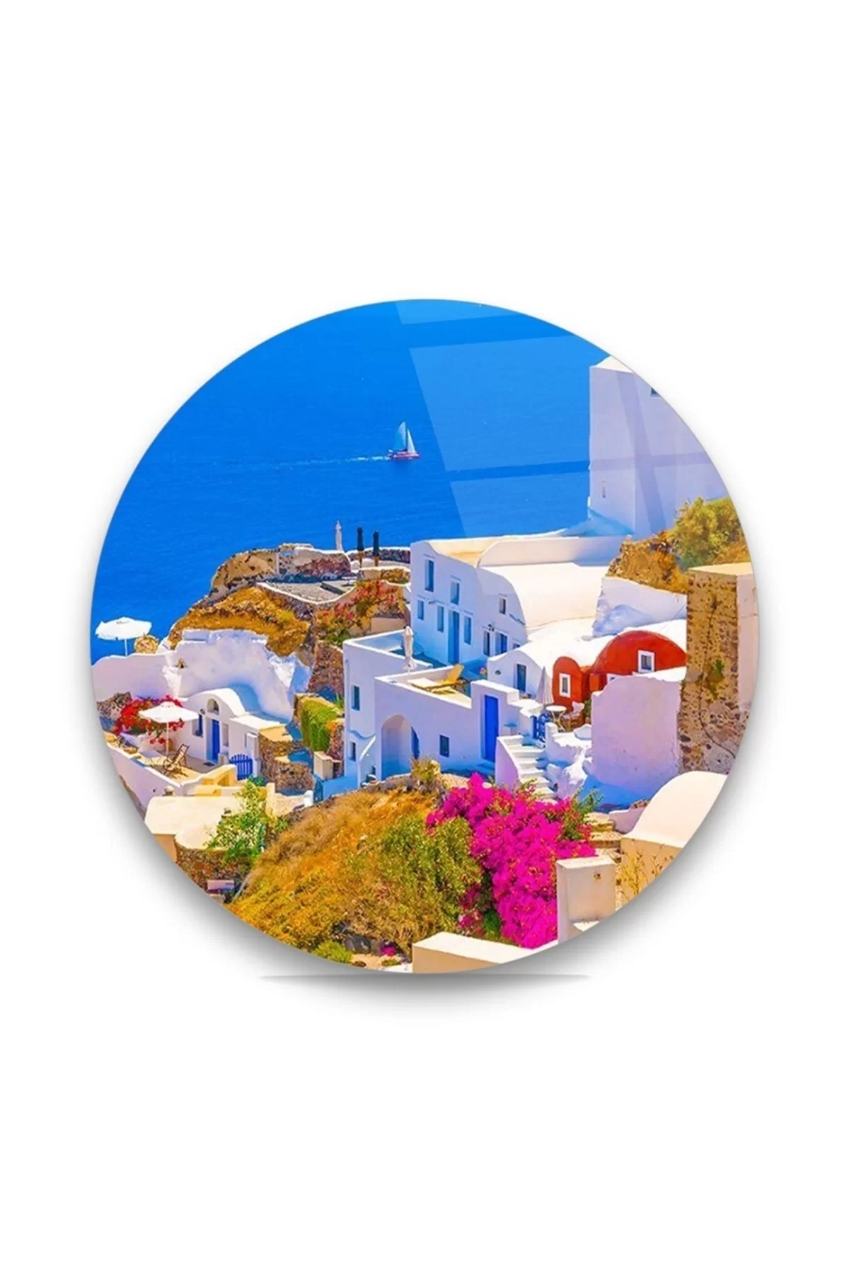 TEKNOO- White Houses with Sea View Round Glass Painting