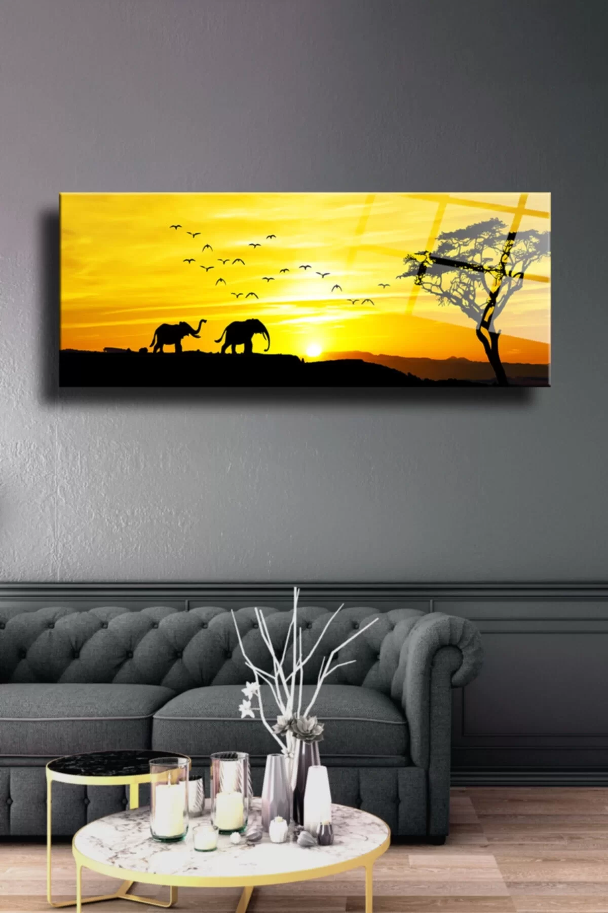 TEKNOO- Elephant Panoramic Glass Painting, Decorative Wall Decoration