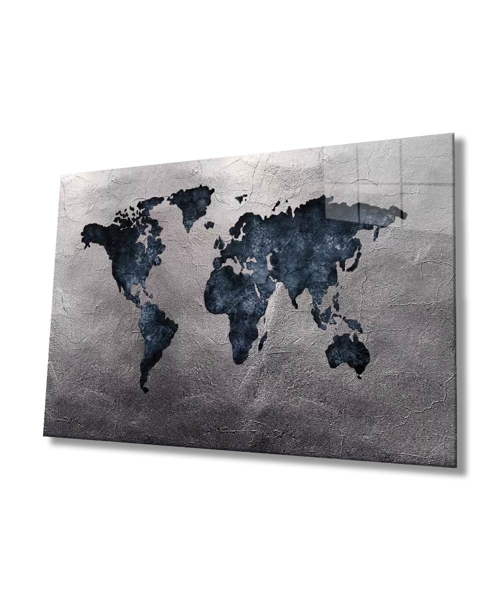 TEKNOO- Gray Antiqued World Map Glass Painting Home and Office Wall Decoration