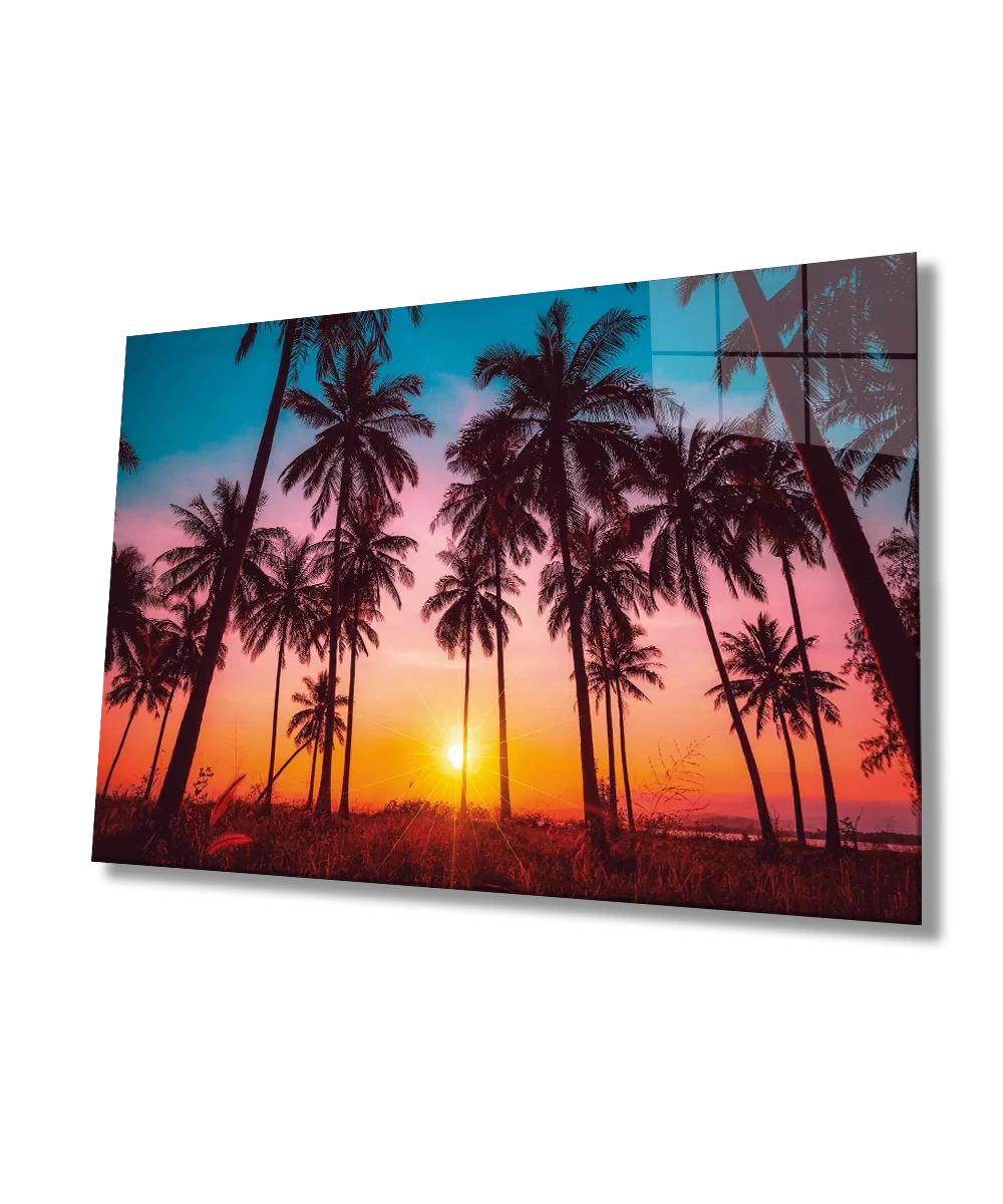 TEKNOO- Sunset Landscape Palm Trees Glass Painting Durable Glass