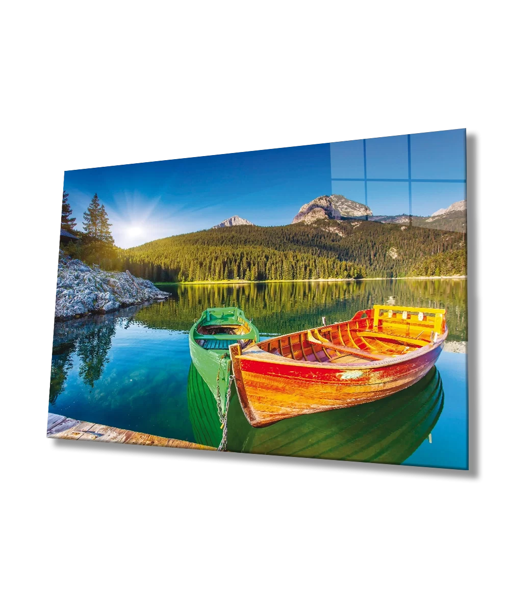 TEKNOO- Landscape Boat Lake and Mountain Glass Painting Durable Glass