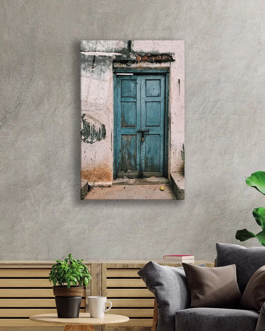 TEKNOO- Vertical Glass Painting with Blue Wooden Door Image