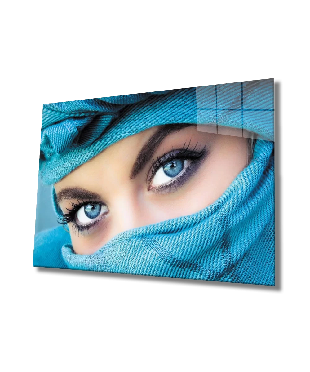 TEKNOO- Woman with Blue Eyes and Blue Veil Glass Painting