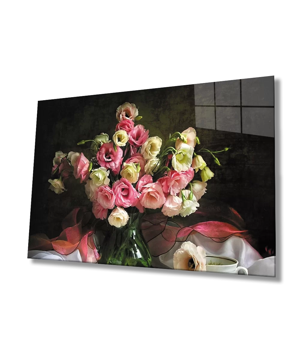 TEKNOO- Pink White Roses Still Life Glass Painting