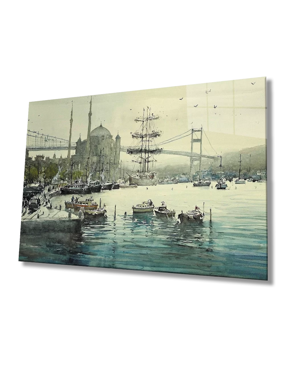 TEKNOO- Watercolor Bosphorus Bridge Boats Istanbul Glass Painting