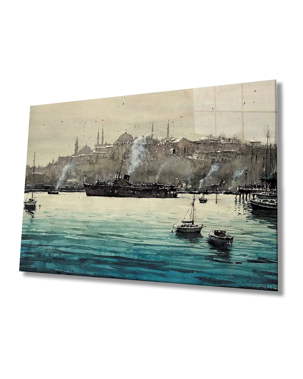 TEKNOO- Watercolor Sea Ships Istanbul View Glass Painting