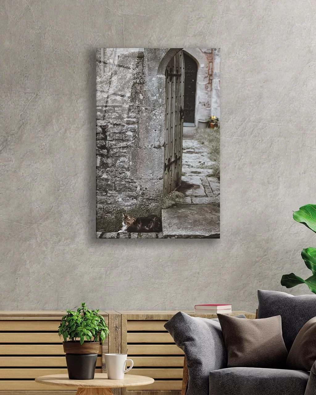 TEKNOO- Vertical Glass Painting with Stone Walls and Wooden Door Images