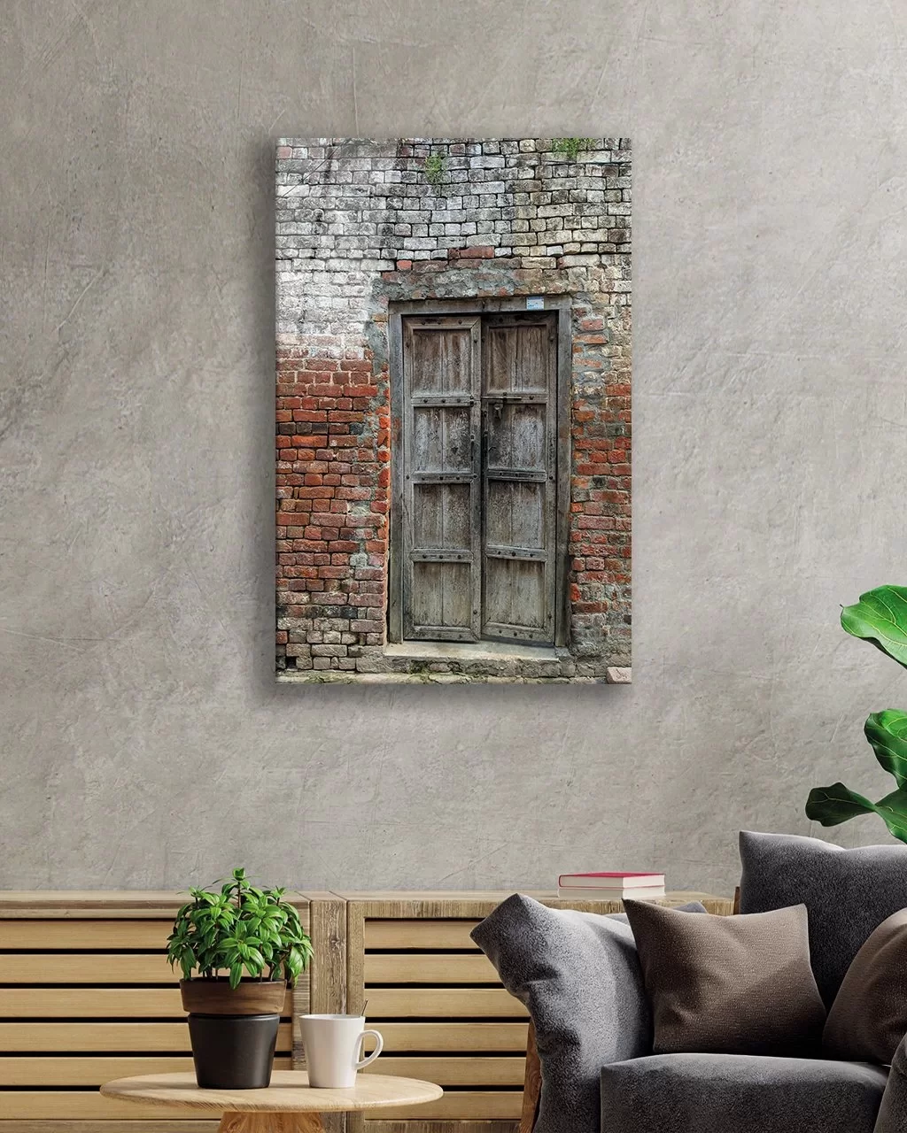 TEKNOO- Vertical Glass Painting with Stone Walls and Wooden Door Images