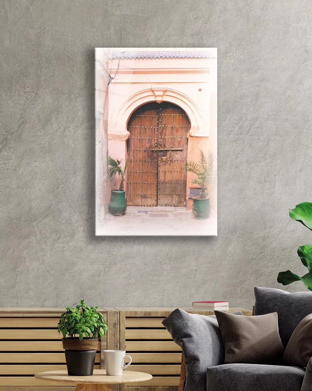 TEKNOO- Vertical Glass Painting with Stone Walls and Wooden Door Images