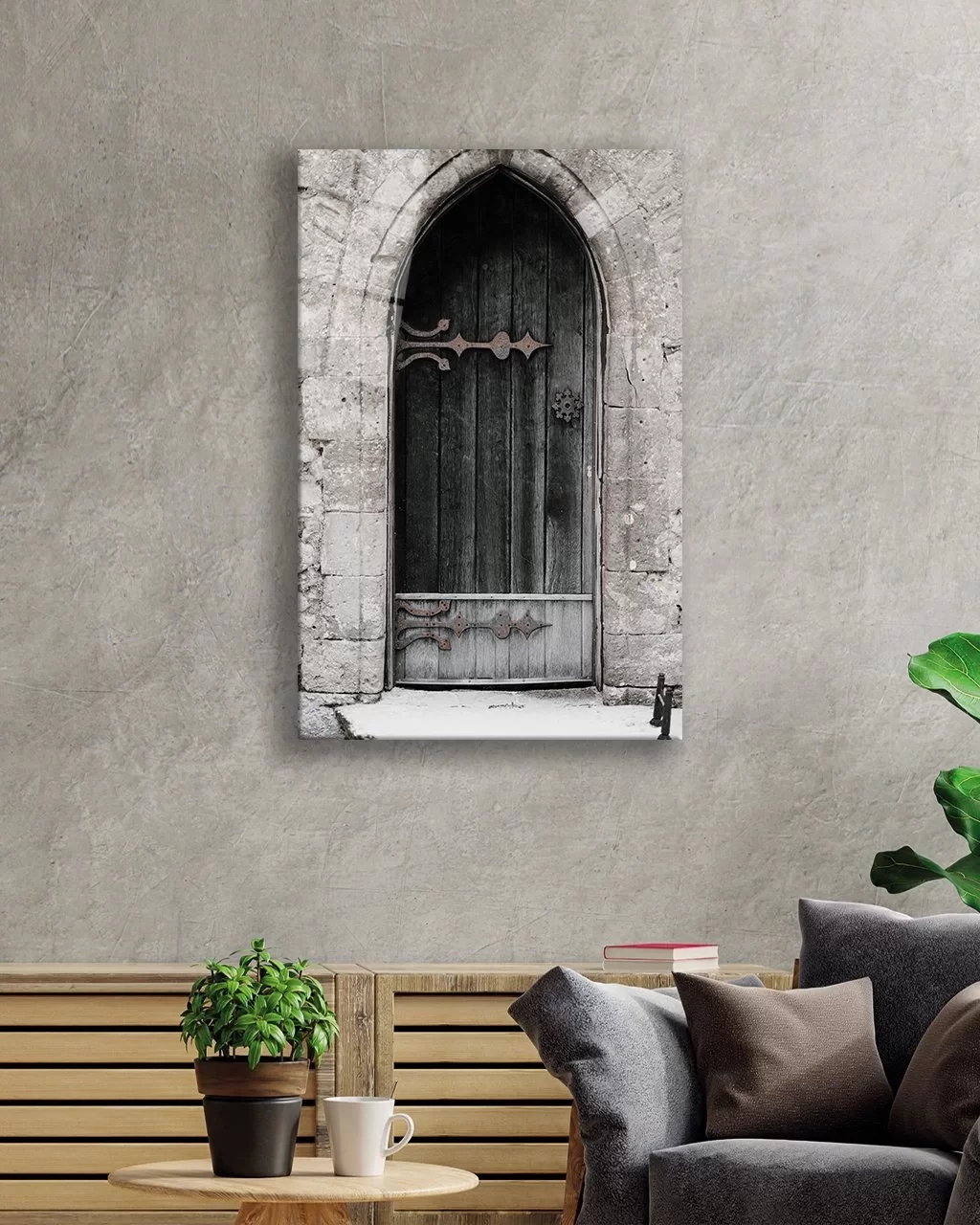 TEKNOO- Vertical Glass Painting with Images of Stone Walls and Wooden Doors with Iron Motifs