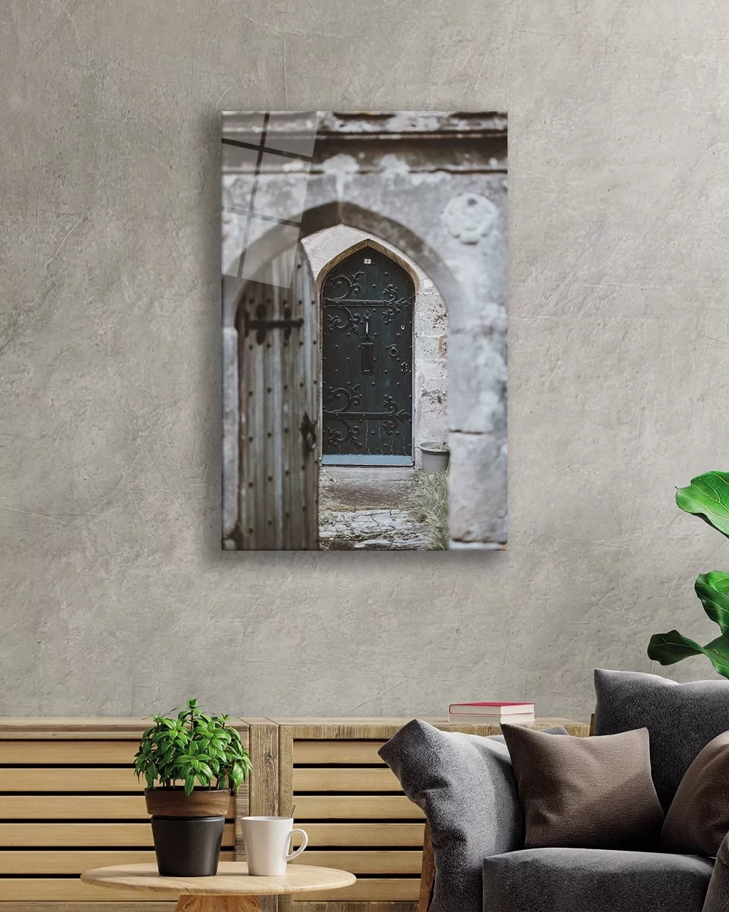 TEKNOO- Vertical Glass Painting with Stone Walls and Motifed Wooden Door Images