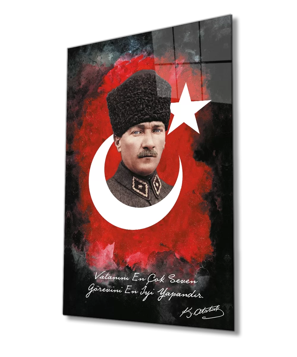 TEKNOO- He who loves his country the most is the one who performs his duty best Atatürk Turkish Flag Glass Painting