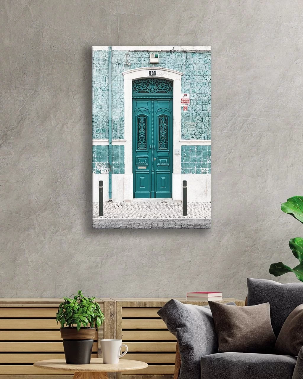 Glass Painting with Turquoise Motif and Iron Door Image