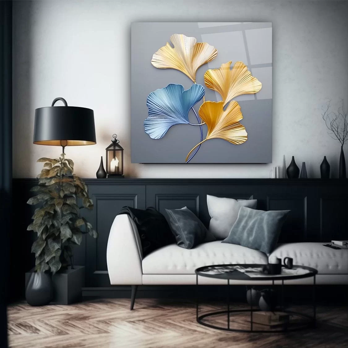 Turquoise and Gold Leaves Artistic Glass Painting