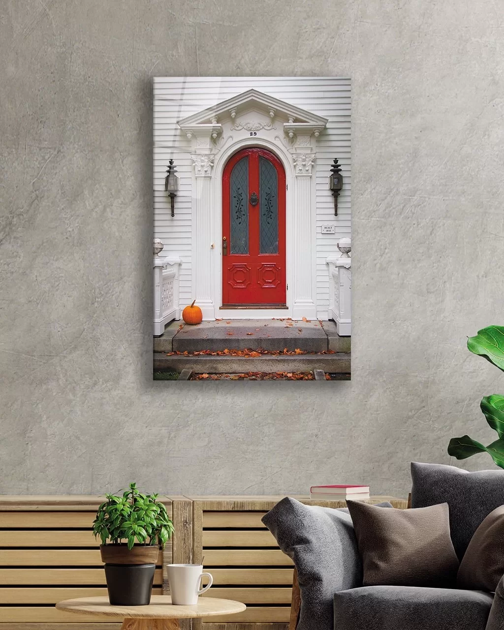 Vertical Glass Painting with Red Arched Door with Triangular Roof