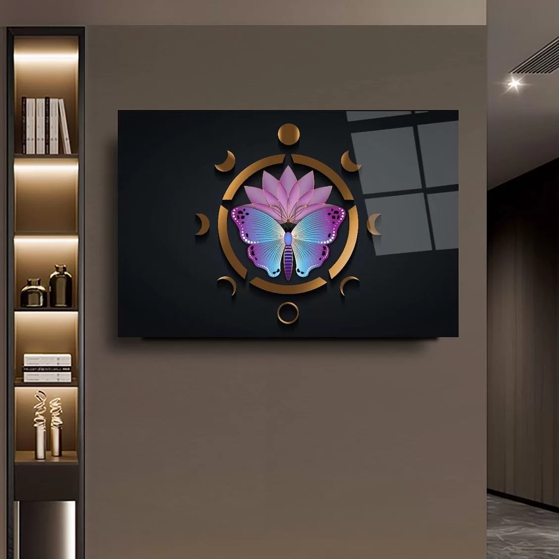 Half Moon Purple Butterfly Artistic Glass Painting