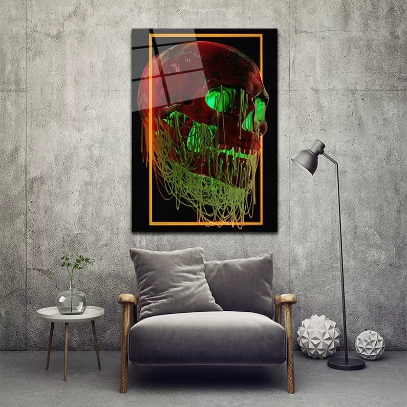 Green Light Skull Glass Painting