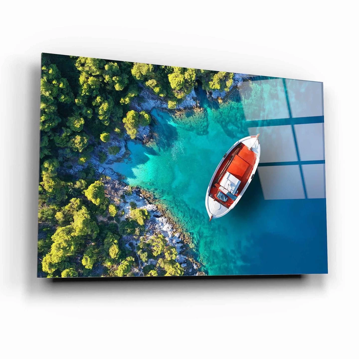 Boat Glass Painting Floating in Clear Water Around Greenery