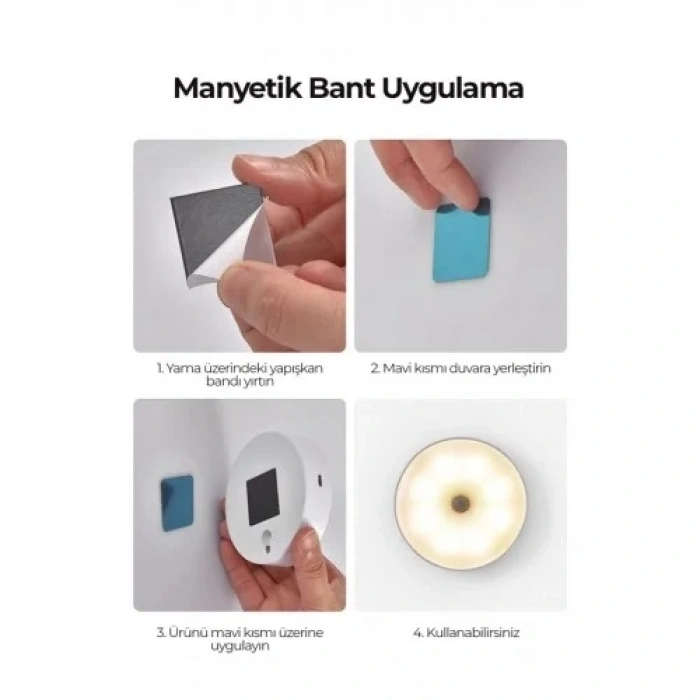 1 Adet Hareket Sensörlü Beyaz Işık Led Gece Lambası – Kablosuz 8 Ledli | Merdiven, Koridor