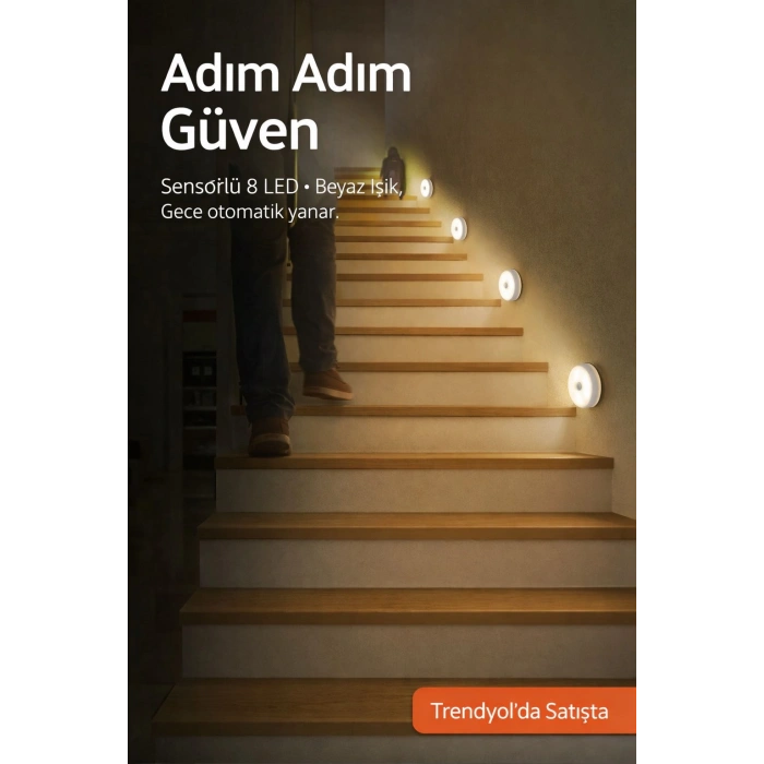 1 Adet Hareket Sensörlü Beyaz Işık Led Gece Lambası – Kablosuz 8 Ledli | Merdiven, Koridor