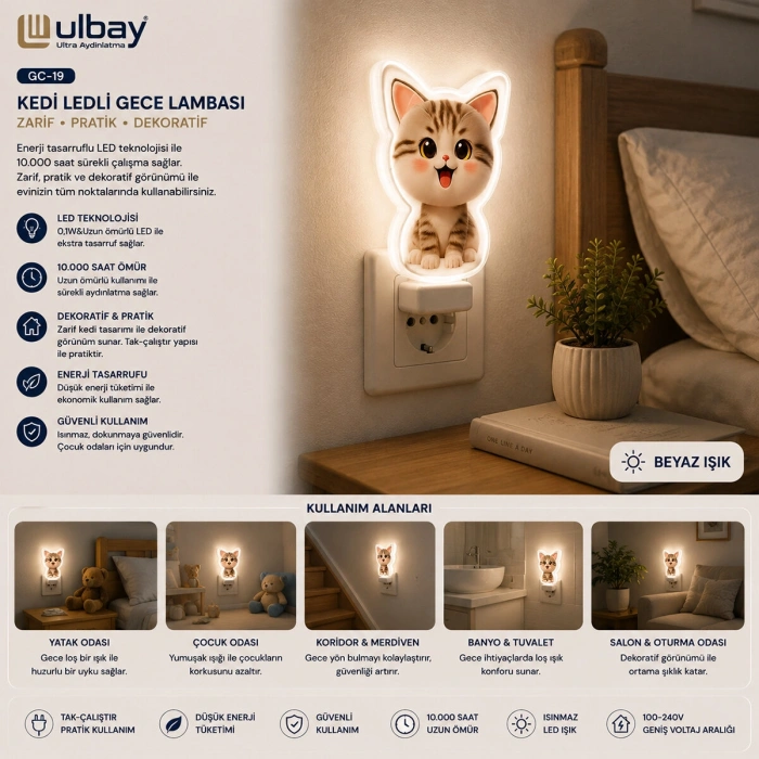 10 ADET KEDİ LEDLİ GECE LAMBASI GC-19 (4887)