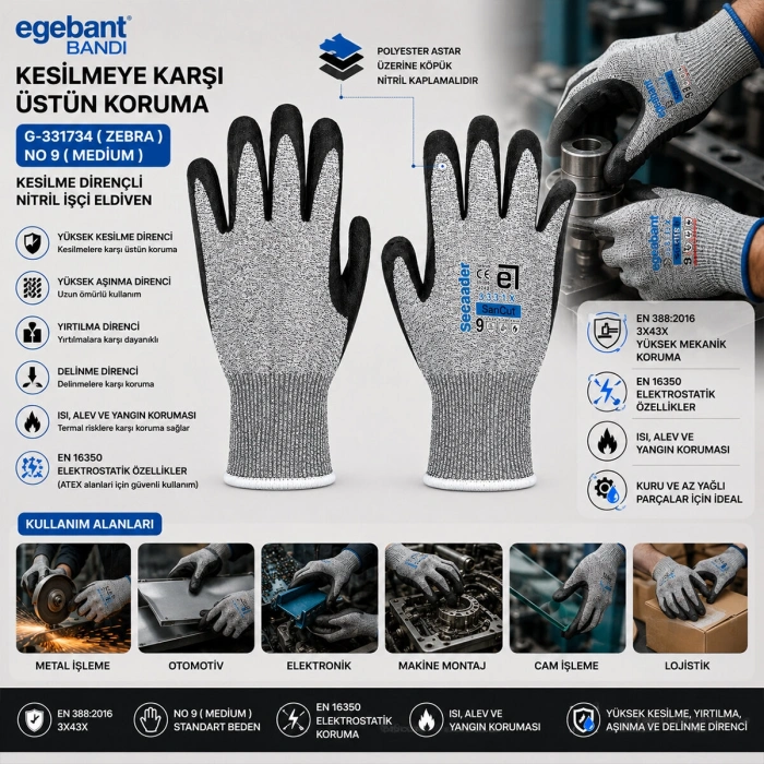 10 ADET  ZEBRA NO 9 MEDİUM KESİLME DİRENÇLİ NİTRİL İŞÇİ ELDİVEN BANDI (4887)