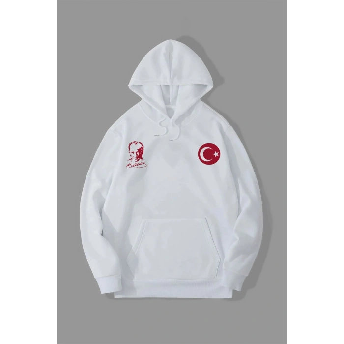 10 Kasıma Özel Üç İplik Kapüşonlu Baskılı SweatShirt - Beyaz -