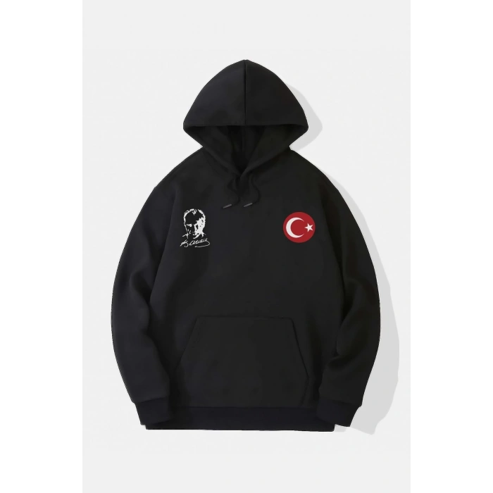 10 Kasıma Özel Üç İplik Kapüşonlu Baskılı SweatShirt - Siyah -