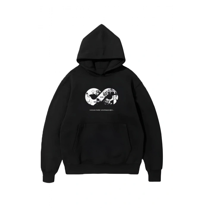 10 Kasıma Özel Üç İplik Kapüşonlu Baskılı SweatShirt - Siyah -