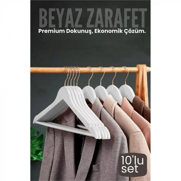 10lu Lüks Beyaz Elbise Ceket Askısı - Ergonomik & Kaymaz Plastik Askı Seti -  Ahşap Görünümlü