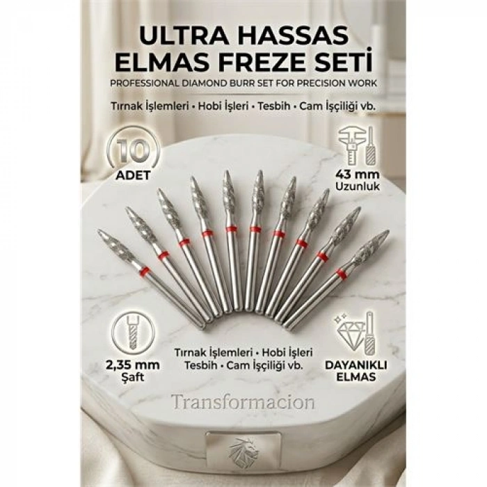 10lu Ultra Hassas Elmas Freze Ucu - Kuru Manikür, Tırnak, Hobi, Gravür Seti 243LX/021R 723100